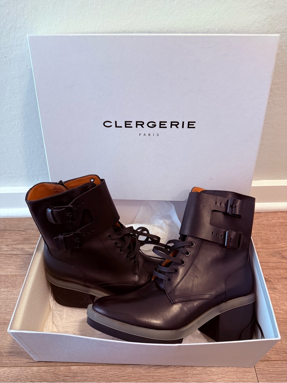NEW in box - Clergerie Paris Black Leather Combat Boots with Buckle Straps